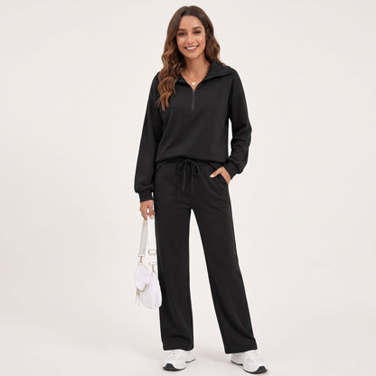 Women's 2 Piece Lounge Sets, Half Zip Sweatshirt and Wide Leg Pants with Pockets, Comfy Fall Sweatsuit Airport Travel Outfits