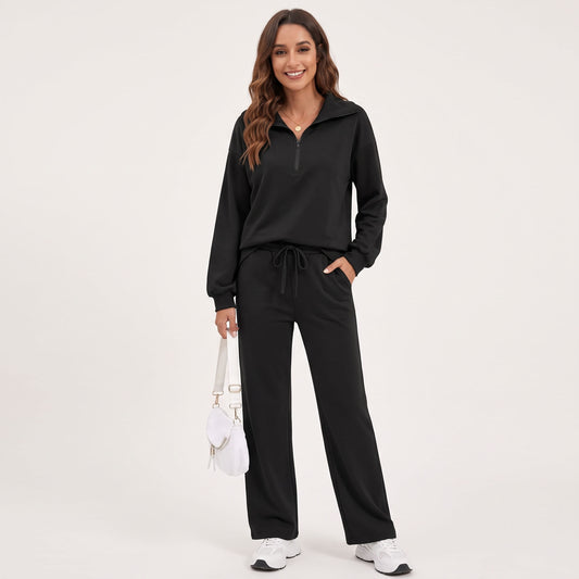 Women's 2 Piece Lounge Sets, Half Zip Sweatshirt and Wide Leg Pants with Pockets, Comfy Fall Sweatsuit Airport Travel Outfits