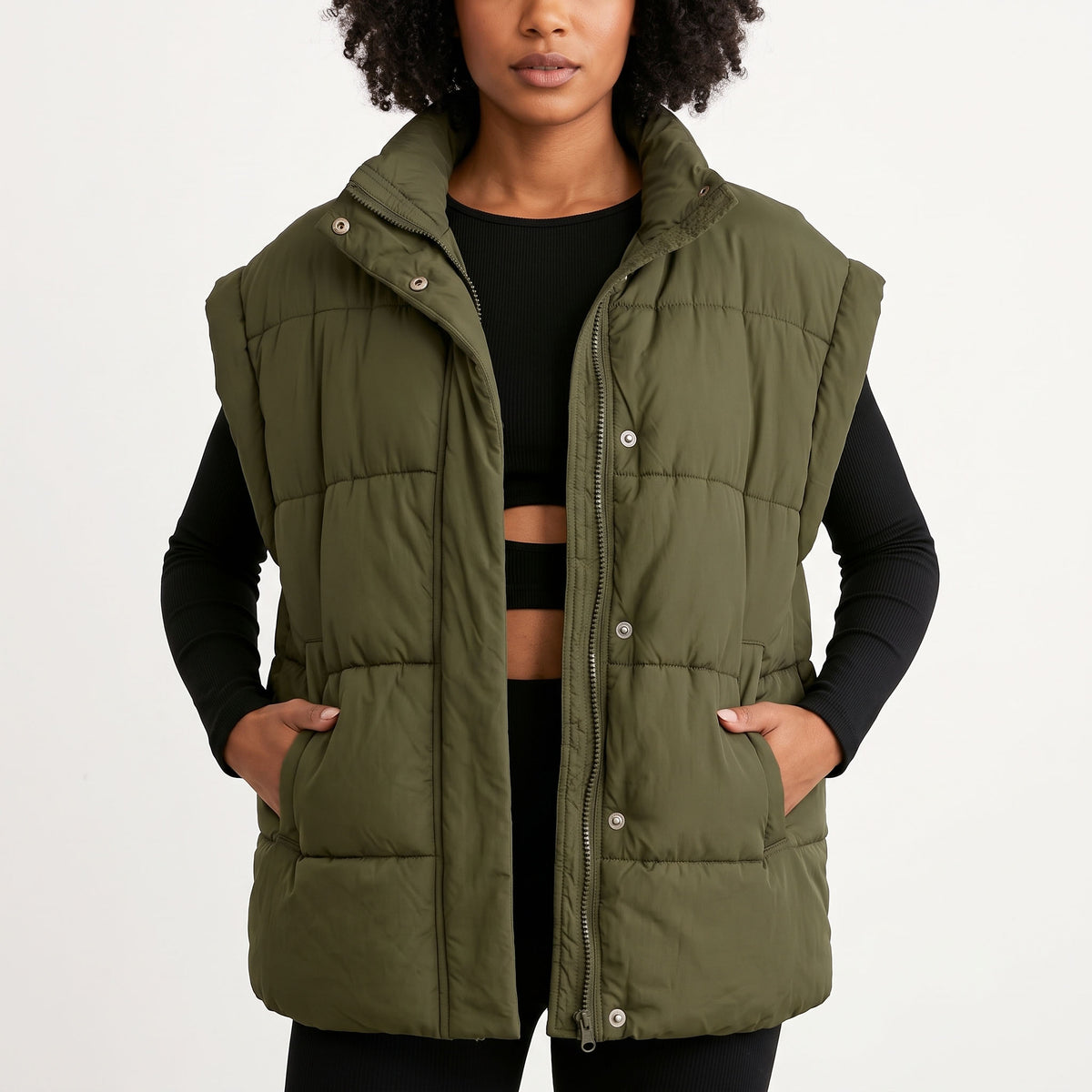 Women's Oversized Puffer Vest, Stand Collar Full Zip Sleeveless Quilted Bubble Jacket with Pockets, Casual Winter Outerwear