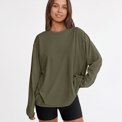 Women's Oversized Long Sleeve Shirts, Crewneck Fall Tops, Casual Loose Fit Workout Athletic Gym T-Shirts, Basic Clothes