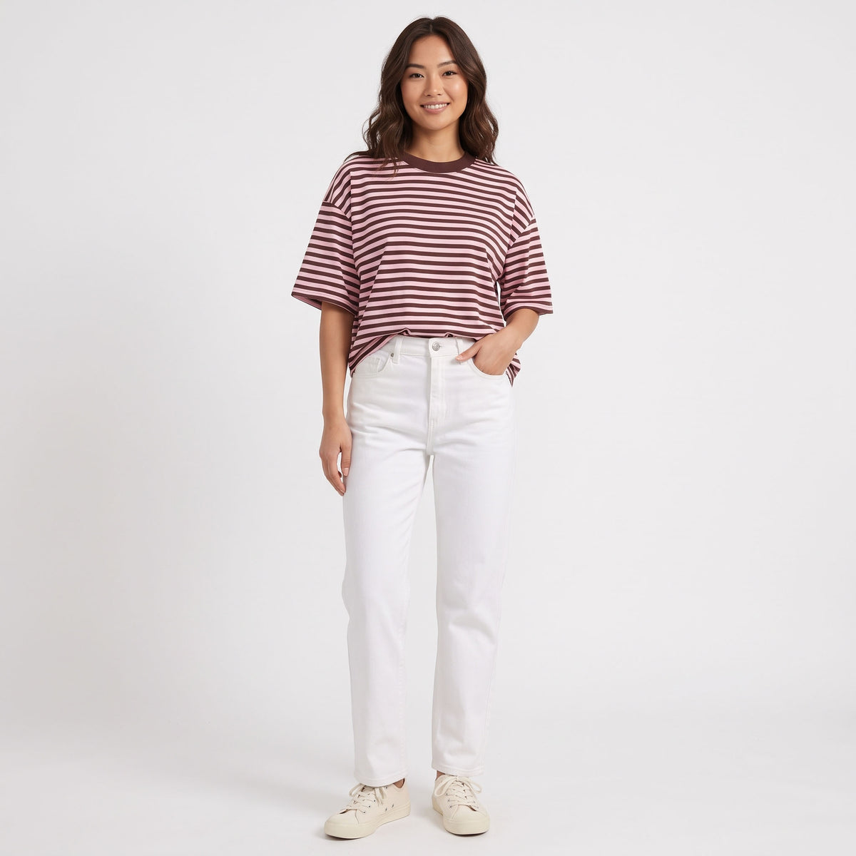 Women's Oversized Striped T-Shirt, Short Sleeve Crewneck Summer Tops, Casual Loose Fit Trendy Contrast Everyday Clothes