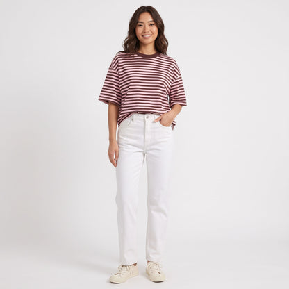 Women's Oversized Striped T-Shirt, Short Sleeve Crewneck Summer Tops, Casual Loose Fit Trendy Contrast Everyday Clothes