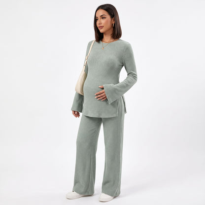 Maternity 2 Piece Lounge Sets, Ribbed Knit Long Sleeve Top and Wide Leg Pants with Pockets, Side Slit Pregnancy Outfits