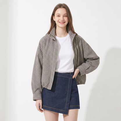 Women's Plaid Bomber Jacket, Stand Collar Full Zip Checkered Coat with Pockets, Casual Oversized Fall Spring Outerwear