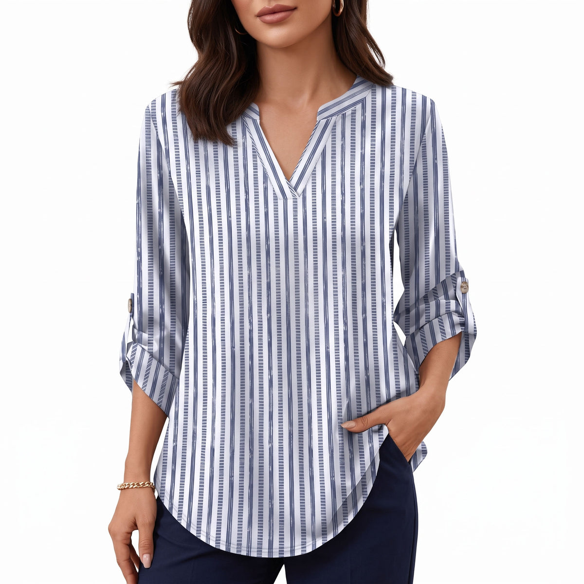 Women's 3/4 Sleeve Tops, V Neck Roll Tab Blouses with Buttons, Business Casual Loose Fit Work Tunic Shirts