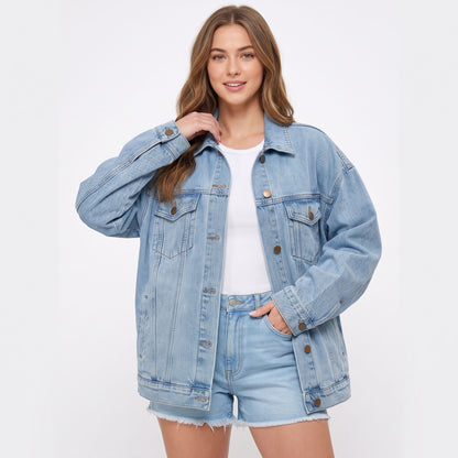 Women's Oversized Denim Jacket, Button Down Long Sleeve Jean Jackets with Pockets, Casual Loose Fit Boyfriend Fall Outerwear
