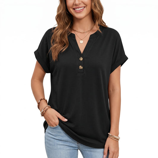 Women's Short Sleeve Henley Tops, V Neck Dressy Casual Summer Shirts, Cuffed Sleeve Business Work Blouse, Basic Clothes