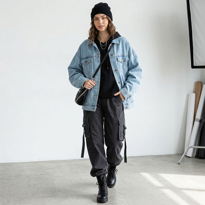 Women's Oversized Denim Jacket, Button Down Long Sleeve Jean Jackets with Pockets, Casual Loose Fit Boyfriend Fall Outerwear
