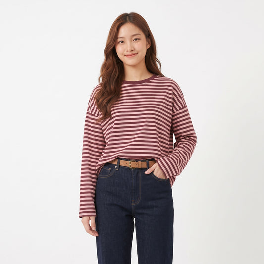 Women's Oversized Striped Long Sleeve T-Shirt, Casual Crewneck Relaxed Fit Fall Tops, Trendy Comfortable Everyday Fashion Clothes