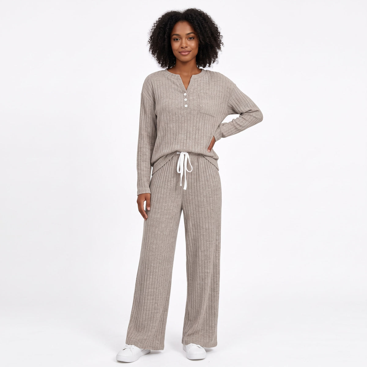 Women's 2 Piece Lounge Sets, Ribbed Knit Henley Top and Wide Leg Pants with Pockets, Comfy Fall Sweatsuit Airport Travel Outfits