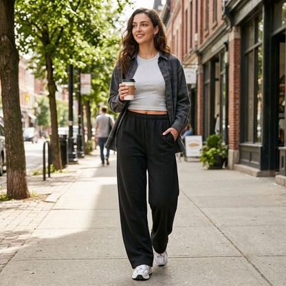 Women's Wide Leg Fleece Lined Sweatpants, Baggy High Waisted Lounge Pants, Casual Warm Winter Joggers with Pockets