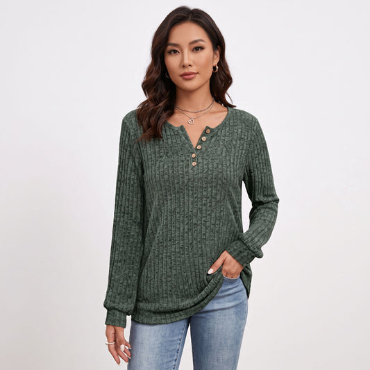 Women's Ribbed Knit Henley Sweaters, V Neck Button Long Sleeve Shirts, Casual Fall Winter Tops Business Casual Clothes