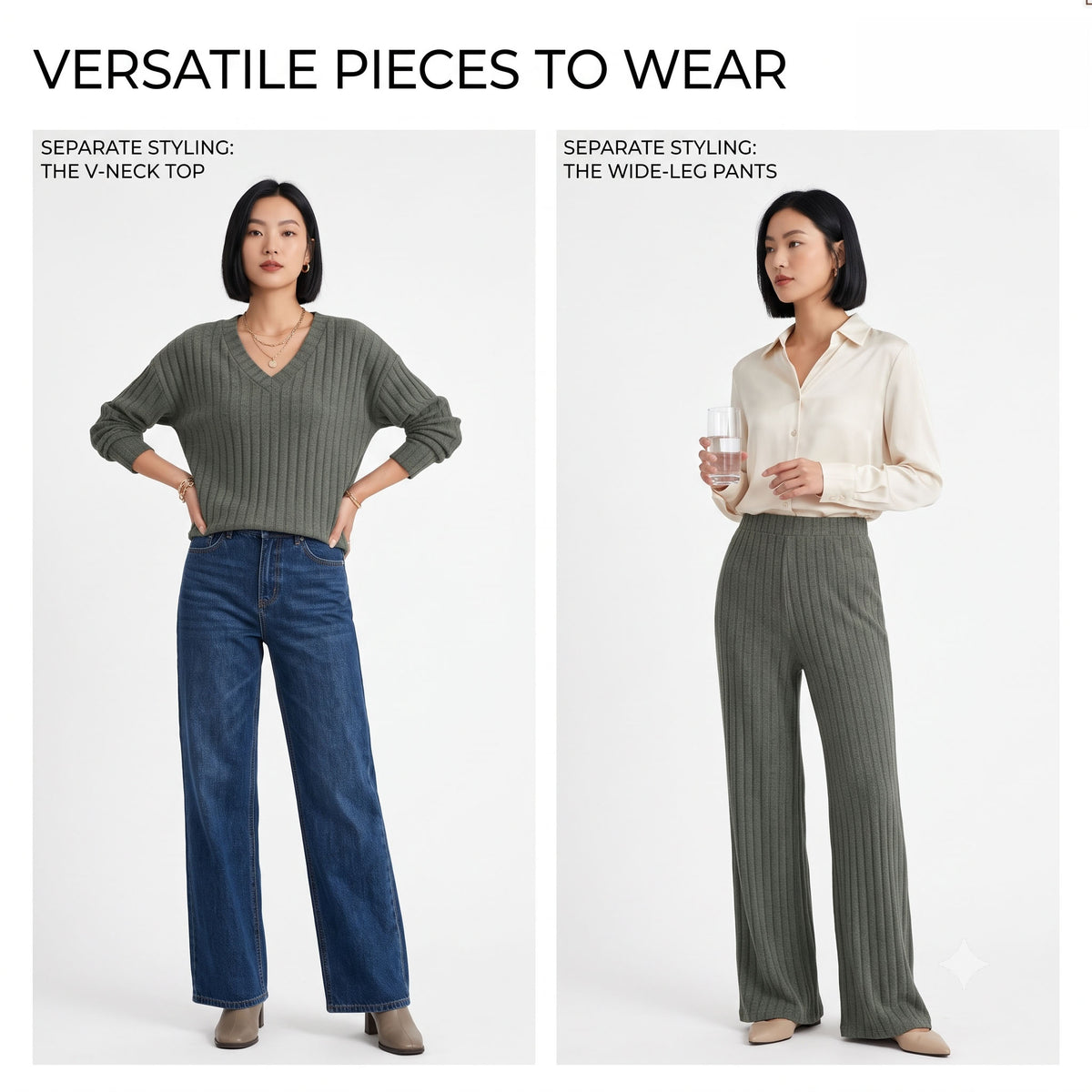 Women's 2 Piece Lounge Sets, V Neck Ribbed Knit Sweater and Wide Leg Pants with Pockets, Quiet Luxury Fall Travel Outfits