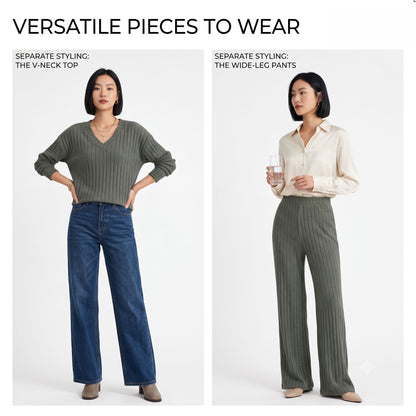 Women's 2 Piece Lounge Sets, V Neck Ribbed Knit Sweater and Wide Leg Pants with Pockets, Quiet Luxury Fall Travel Outfits