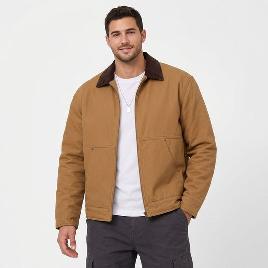 Men's Cotton Padded Chore Jacket, Contrast Corduroy Collar Work Coat, Full Zip Vintage Canvas Fall Winter Outerwear