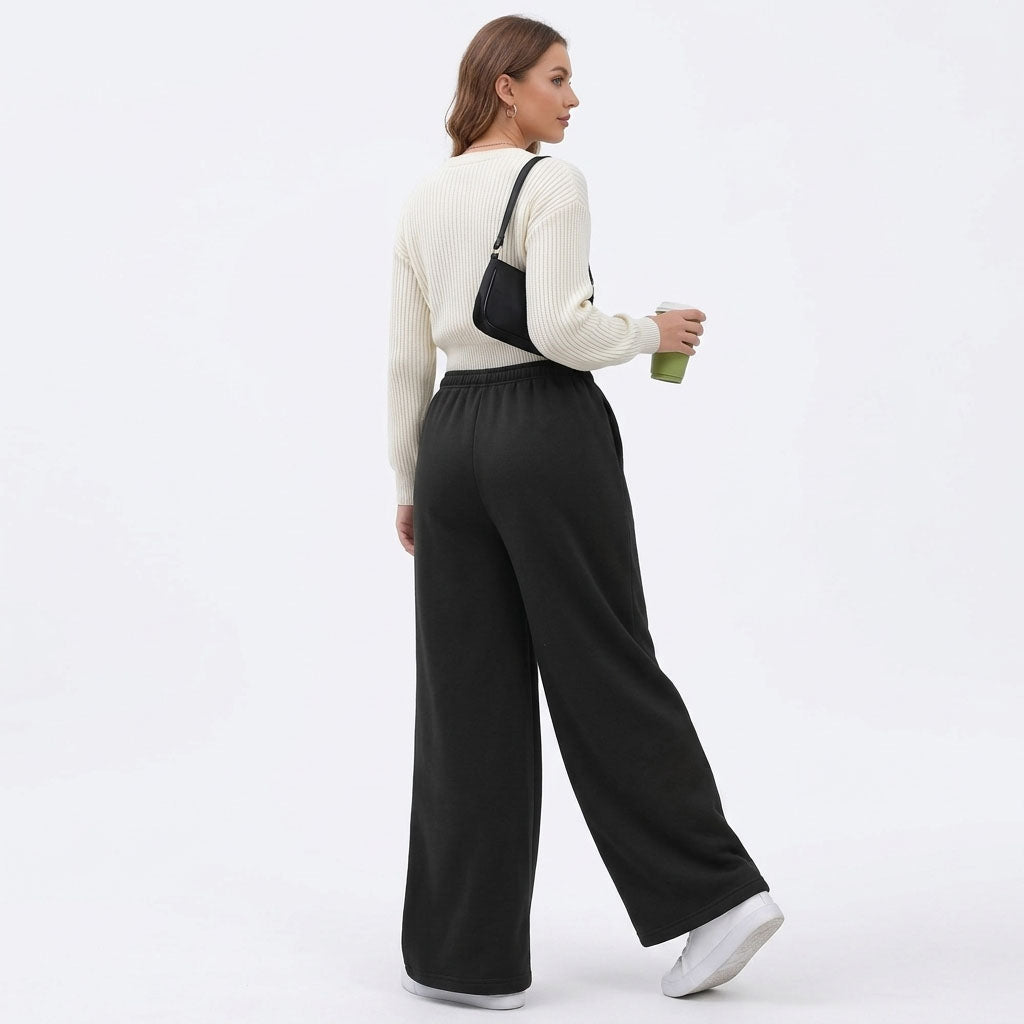 Women's Wide Leg Fleece Lined Sweatpants, Baggy High Waisted Lounge Pants, Casual Warm Winter Joggers with Pockets