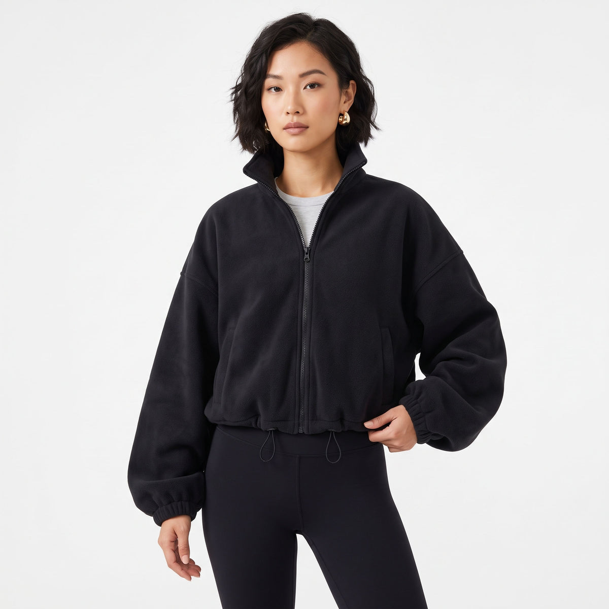 Women's Cropped Fleece Jacket, Full Zip Stand Collar Sweatshirts with Pockets, Drawstring Hem Casual Fall Athletic Outfits