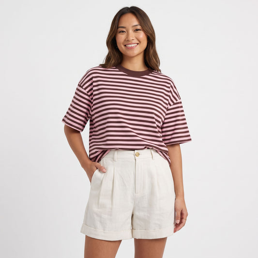 Women's Oversized Striped T-Shirt, Short Sleeve Crewneck Summer Tops, Casual Loose Fit Trendy Contrast Everyday Clothes