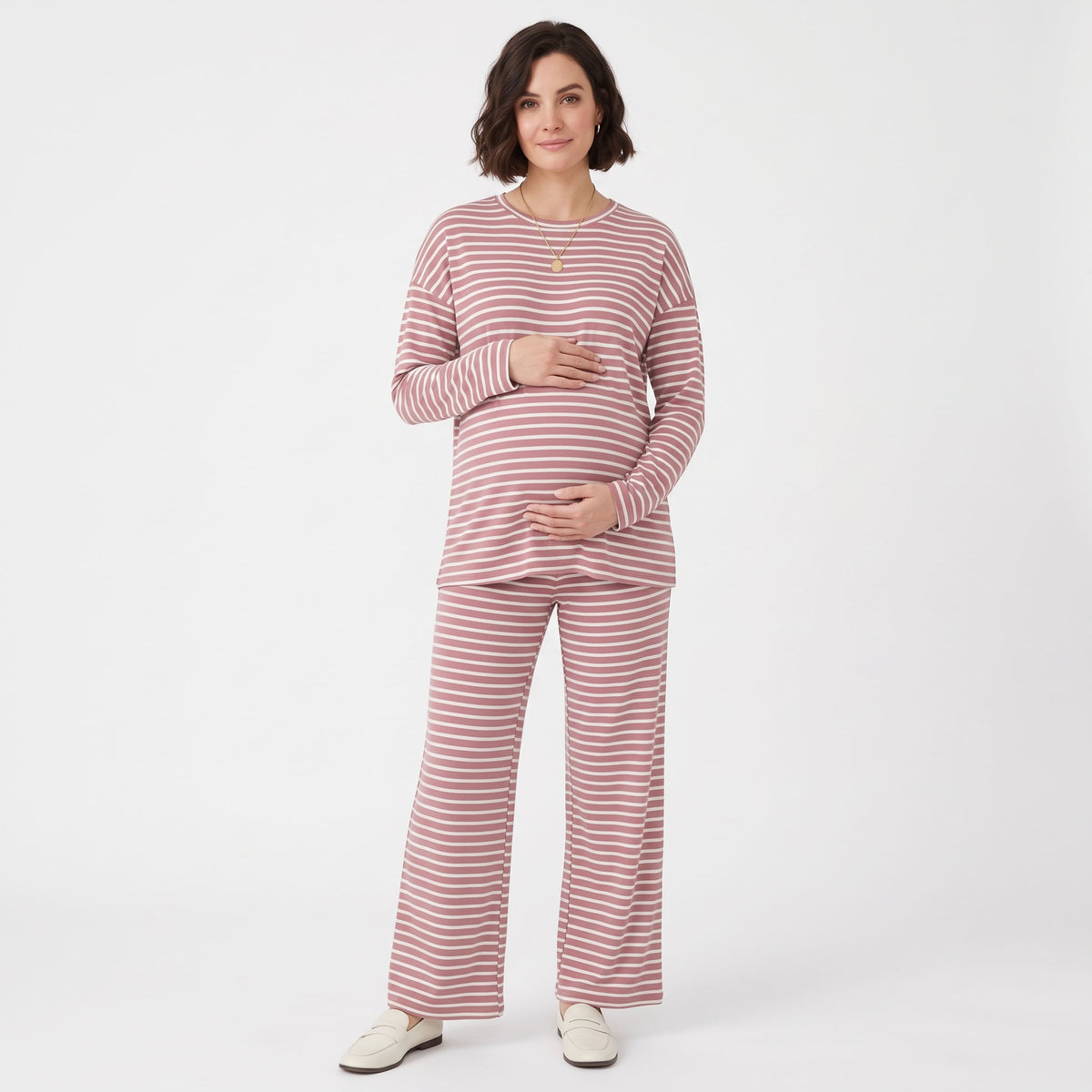 Maternity 2 Piece Outfits, Striped Long Sleeve Tops and Wide Leg Pants with Pockets, Comfy Pregnancy Lounge Sets Postpartum Clothes