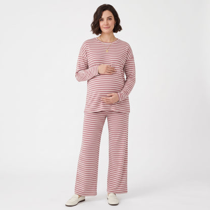 Maternity 2 Piece Outfits, Striped Long Sleeve Tops and Wide Leg Pants with Pockets, Comfy Pregnancy Lounge Sets Postpartum Clothes