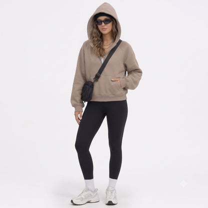 Women's Half Zip Cropped Hoodie, Fleece Lined Quarter Zip Sweatshirt with Pockets, Casual Fall Winter Travel Lounge Outfits