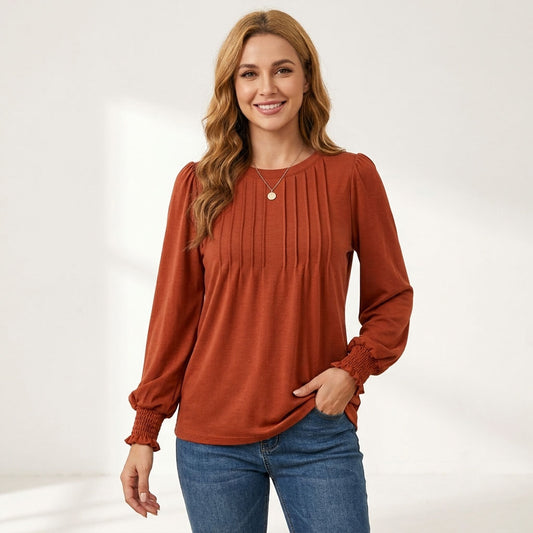 Women's Long Sleeve Shirts, Pleated Front Blouses with Smocked Cuffs, Dressy Casual Business Work Tops, Teacher Outfits