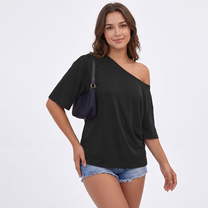 Women's Off the Shoulder Tops, Oversized Summer T-Shirts, Short Sleeve Breathable Comfort Stretch Casual Going Out Tees
