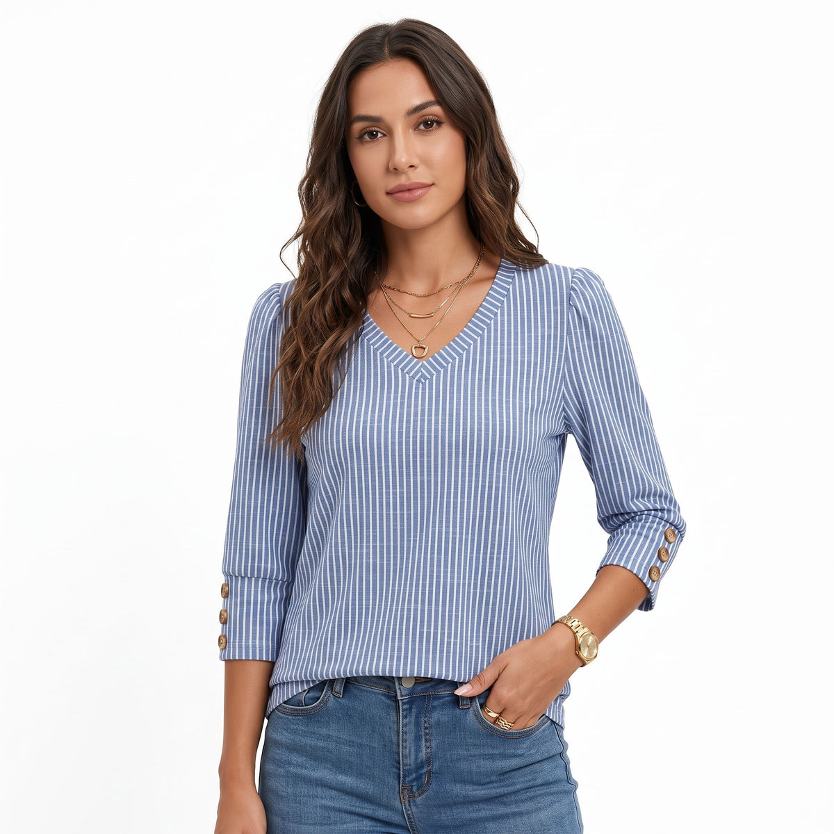 Women's 3/4 Sleeve V Neck Tops, Button Cuff Striped Blouse, Dressy Casual Business Work T-Shirts, Early Fall Outfits