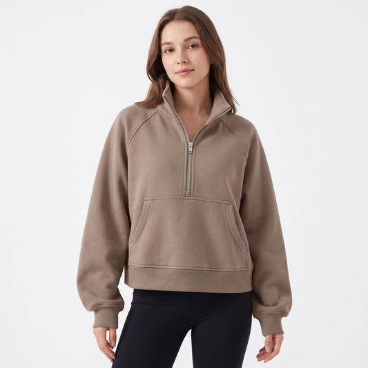 Women's Half Zip Cropped Fleece Sweatshirt, Quarter Zip Mock Neck Pullover with Pocket, Casual Long Sleeve Fall Winter Outfits