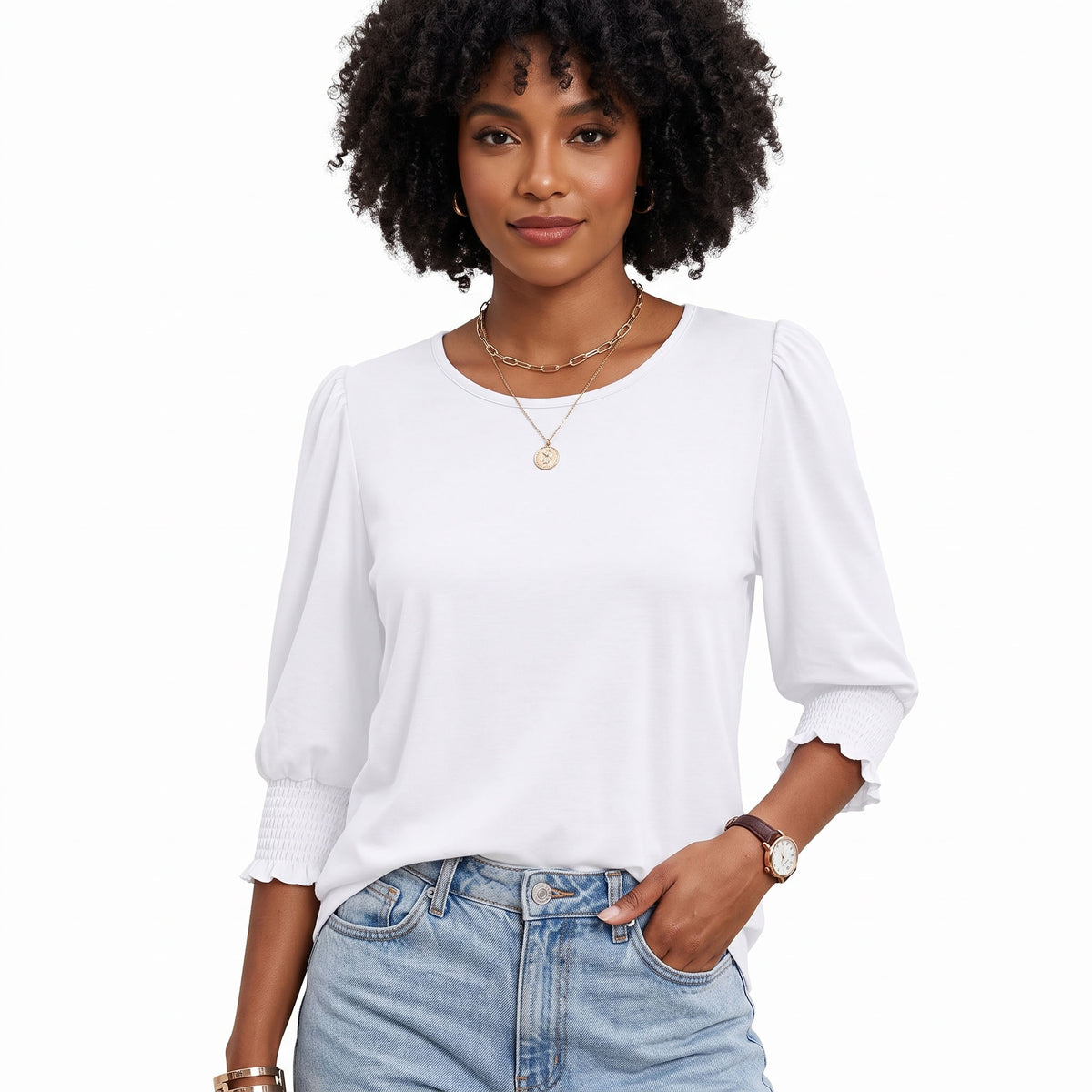 Women's 3/4 Sleeve Blouses, Smocked Cuff Dressy Casual Tops, Crewneck Puff Sleeve Work Office Tunic Shirts