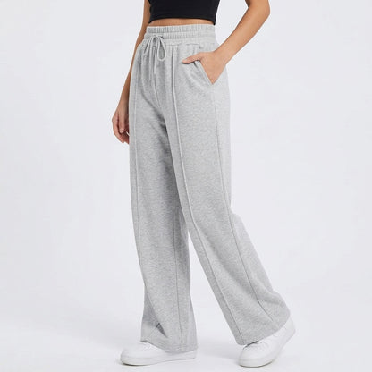 Women's Wide Leg Sweatpants, Baggy High Waisted Cotton Lounge Pants with Pockets, Casual Fall Front Seam Drawstring Trousers
