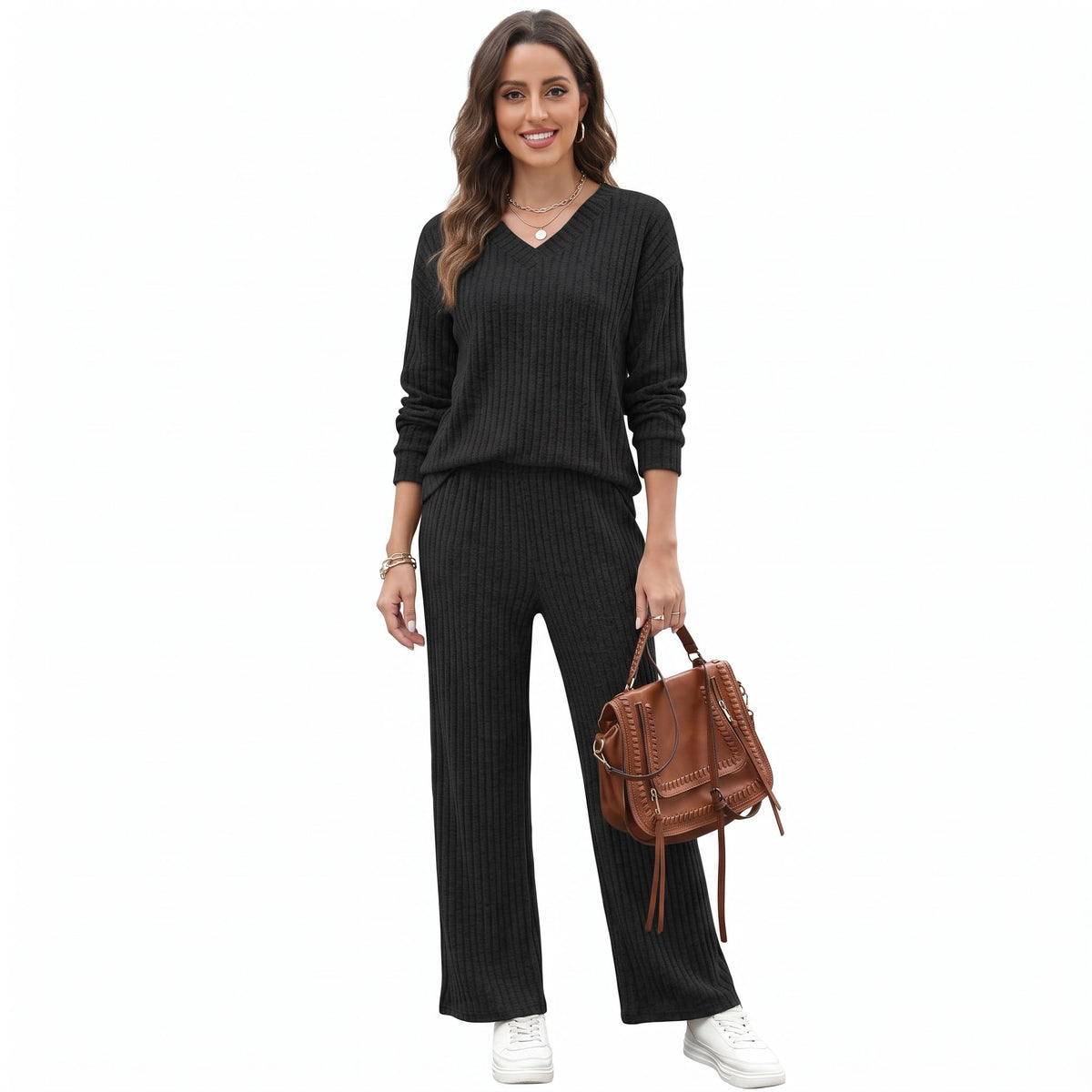 Women's 2 Piece Lounge Sets, V Neck Ribbed Knit Sweater and Wide Leg Pants with Pockets, Quiet Luxury Fall Travel Outfits