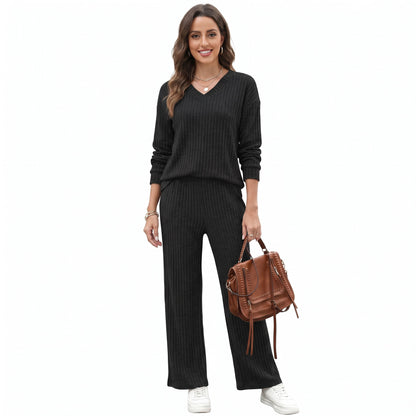 Women's 2 Piece Lounge Sets, V Neck Ribbed Knit Sweater and Wide Leg Pants with Pockets, Quiet Luxury Fall Travel Outfits