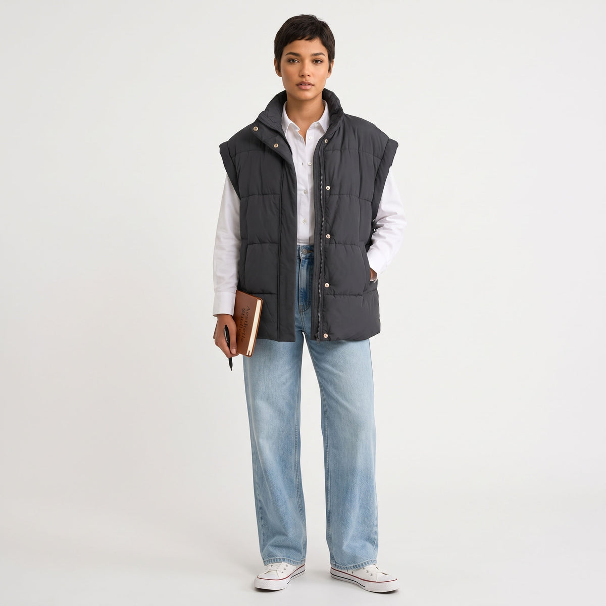 Women's Oversized Puffer Vest, Stand Collar Full Zip Sleeveless Quilted Bubble Jacket with Pockets, Casual Winter Outerwear