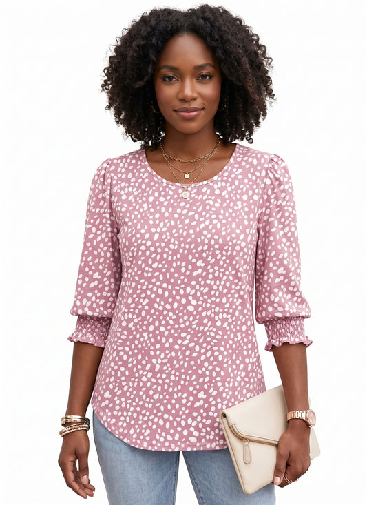 Women's 3/4 Sleeve Blouses, Smocked Cuff Dressy Casual Tops, Crewneck Puff Sleeve Work Office Tunic Shirts