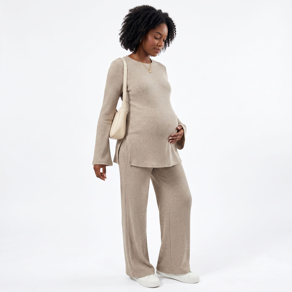 Maternity 2 Piece Lounge Sets, Ribbed Knit Long Sleeve Top and Wide Leg Pants with Pockets, Side Slit Pregnancy Outfits