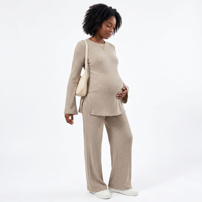 Maternity 2 Piece Lounge Sets, Ribbed Knit Long Sleeve Top and Wide Leg Pants with Pockets, Side Slit Pregnancy Outfits