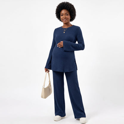 Maternity 2 Piece Lounge Sets, Ribbed Knit Long Sleeve Top and Wide Leg Pants with Pockets, Side Slit Pregnancy Outfits