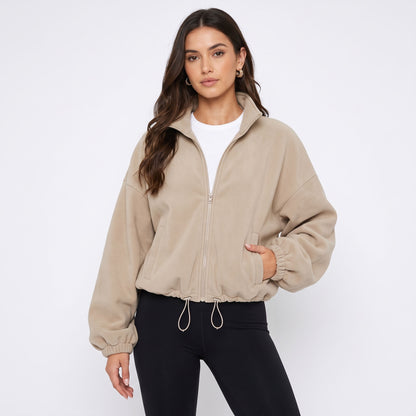 Women's Cropped Fleece Jacket, Full Zip Stand Collar Sweatshirts with Pockets, Drawstring Hem Casual Fall Athletic Outfits