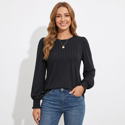 Women's Long Sleeve Shirts, Pleated Front Blouses with Smocked Cuffs, Dressy Casual Business Work Tops, Teacher Outfits
