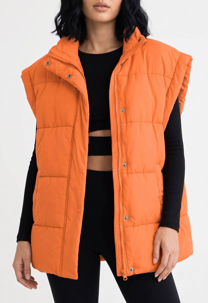Women's Oversized Puffer Vest, Stand Collar Full Zip Sleeveless Quilted Bubble Jacket with Pockets, Casual Winter Outerwear