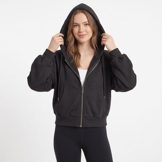 Women's Cropped Zip Up Hoodie, Lightweight Drop Shoulder Fleece Jacket with Pockets, Casual Fall Winter Athletic Travel Tops