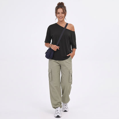 Women's Off the Shoulder Tops, Oversized Summer T-Shirts, Short Sleeve Breathable Comfort Stretch Casual Going Out Tees