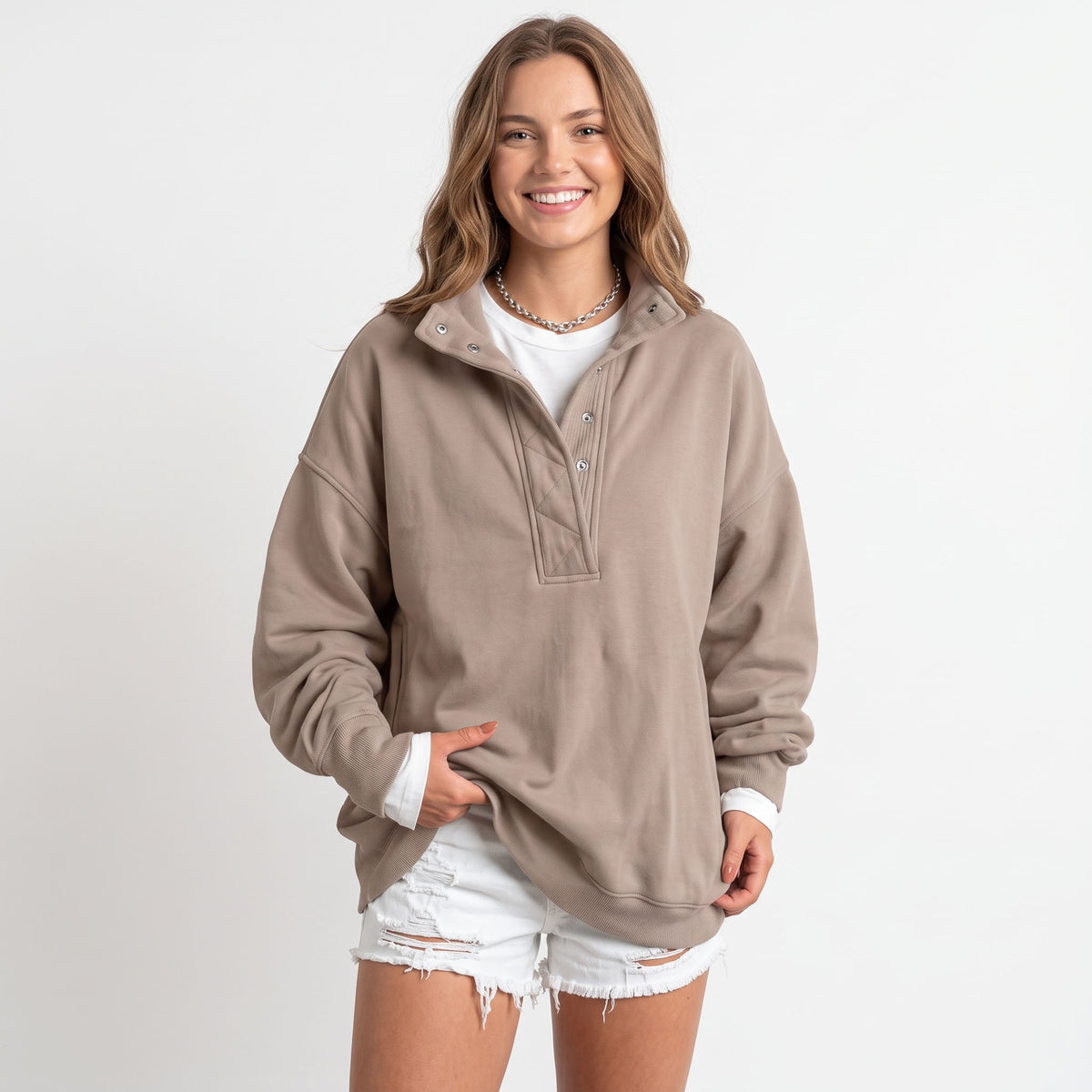 Women's Oversized Henley Sweatshirt, Quilted Placket Pullover Top, Soft Long Sleeve Fall Winter Fashion Outfits Clothes