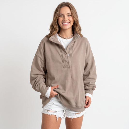 Women's Oversized Henley Sweatshirt, Quilted Placket Pullover Top, Soft Long Sleeve Fall Winter Fashion Outfits Clothes