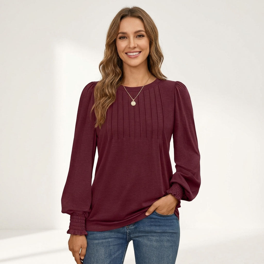 Women's Long Sleeve Shirts, Pleated Front Blouses with Smocked Cuffs, Dressy Casual Business Work Tops, Teacher Outfits