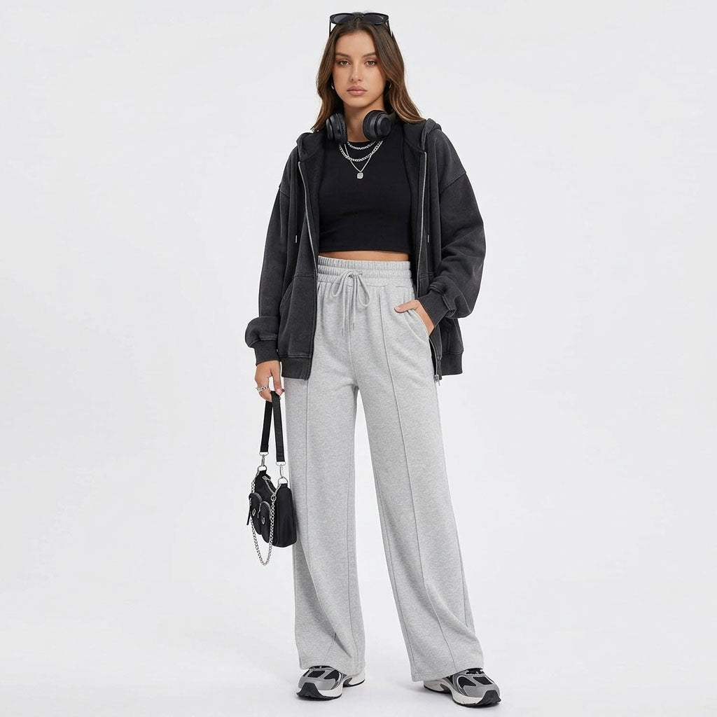 Women's Wide Leg Sweatpants, Baggy High Waisted Cotton Lounge Pants with Pockets, Casual Fall Front Seam Drawstring Trousers