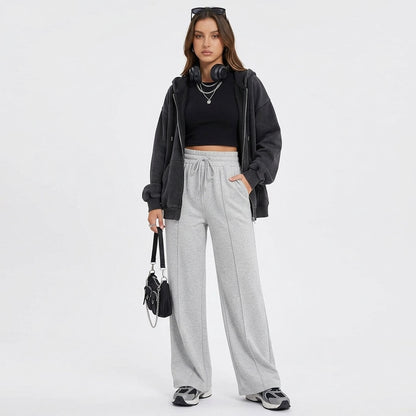 Women's Wide Leg Sweatpants, Baggy High Waisted Cotton Lounge Pants with Pockets, Casual Fall Front Seam Drawstring Trousers