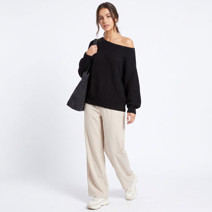 Women's Off The Shoulder Sweaters, Oversized Ribbed Knit Pullover Tops, Long Sleeve Asymmetrical Fall Going Out Clothes