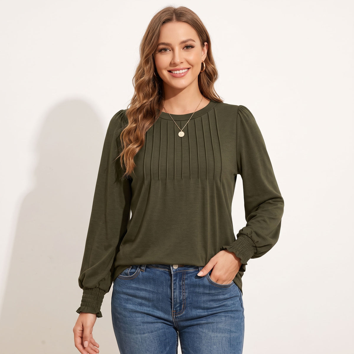 Women's Long Sleeve Shirts, Pleated Front Blouses with Smocked Cuffs, Dressy Casual Business Work Tops, Teacher Outfits
